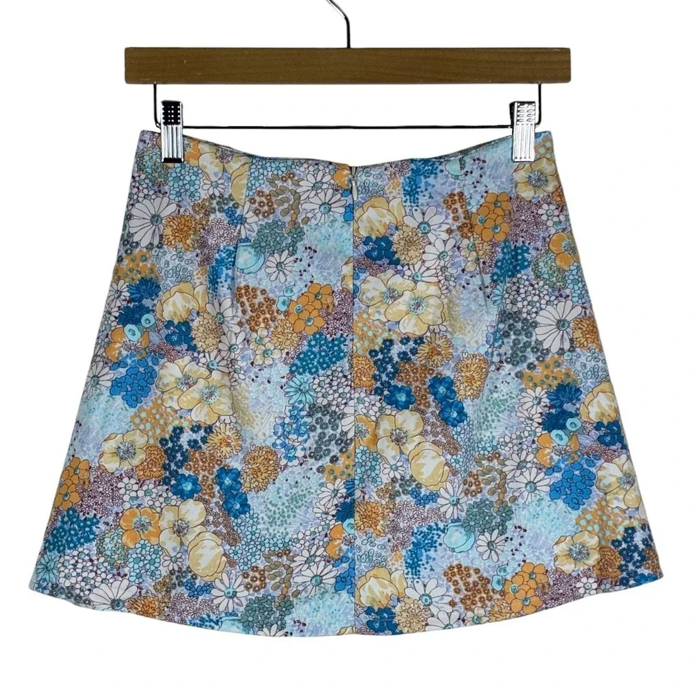 Altar'd State Retro Floral A-Line Mini Skirt Blue Orange Boho Mod 70s Size S